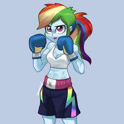 Size: 3000x3000 | Tagged: safe, artist:hexecat, derpibooru import, rainbow dash, human, equestria girls, g4, abs, belly, belly button, biceps, boxing, boxing gloves, clothes, female, fit, midriff, muscles, ponytail, raised arms, raised fist, shorts, slender, solo, sports, sports bra, sports panties, sweat, tanktop, thin