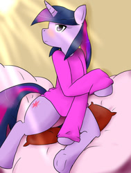 Size: 777x1029 | Tagged: safe, artist:arunescape, derpibooru import, twilight sparkle, unicorn, g4, anatomically incorrect, blushing, clothes, horn, incorrect leg anatomy, morning, panties, underwear