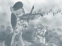 Size: 1400x1050 | Tagged: safe, artist:lostwolfen, derpibooru import, dj pon-3, octavia melody, vinyl scratch, earth pony, pony, unicorn, g4, bipedal, comic, duo, eyes closed, female, horn, mare, monochrome, music, music notes, musical instrument, violin