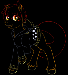 Size: 1650x1800 | Tagged: safe, artist:squeezymouse, derpibooru exclusive, derpibooru import, derpy hooves, oc, oc only, oc:ciaran, black background, clothes, hoodie, hooves, lineart, raised hoof, raised leg, simple background, solo, tail, unshorn fetlocks