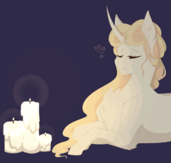 Size: 1200x1144 | Tagged: safe, artist:pixelberrry, derpibooru import, oc, pony, unicorn, animated, candle, chest fluff, female, gif, horn, leg fluff, lying down, mare, prone, solo