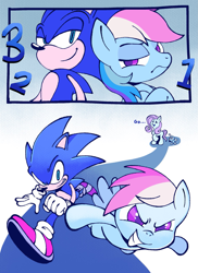 Size: 1489x2048 | Tagged: safe, artist:chipchapp, derpibooru import, fluttershy, rainbow dash, pegasus, pony, g4, 2 panel comic, chao, clothes, comic, countdown, crossover, dialogue, female, flying, frown, gloves, male, mare, race, running, shoes, smiling, sonic the hedgehog, sonic the hedgehog (series)