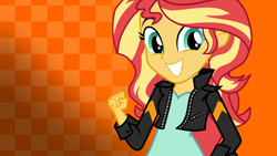 Size: 3840x2160 | Tagged: safe, artist:octosquish7260, derpibooru import, sunset shimmer, human, equestria girls, g4, checkered background, female, smiling, solo, wallpaper