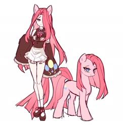 Size: 2123x2182 | Tagged: safe, artist:aluslikefafa, pinkie pie, earth pony, human, pony, bow, bowtie, clothes, cutie mark, eared humanization, flats, frills, hair over one eye, humanized, long sleeves, looking at you, pinkamena diane pie, self ponidox, shoes, socks, white socks