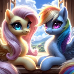 Size: 1024x1024 | Tagged: safe, ai content, machine learning generated, fluttershy, rainbow dash, pegasus, pony, bing, chest fluff, duo, female, fluffy, indoors, looking at you, lying down, mare, prone, smiling, smiling at you, window