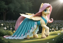 Size: 1216x832 | Tagged: safe, ai content, machine learning generated, fluttershy, pegasus, pony, clothes, cutie mark on clothes, dress, female, flower, folded wings, generator:everclear pny by zovya, grass, mare, solo, tree, unshorn fetlocks