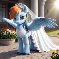 Size: 1024x1024 | Tagged: safe, ai content, machine learning generated, rainbow dash, pegasus, pony, clothes, dress, female, flower, generator:everclear pny by zovya, looking at you, mare, solo, spread wings, unshorn fetlocks, veil, wedding dress, wedding veil