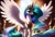 Size: 1216x832 | Tagged: safe, ai content, generator:pony diffusion v6 xl, machine learning generated, princess celestia, alicorn, pony, backlighting, canterlot, feather, feathered wings, female, long tail, looking at you, mare, regalia, shadow, solo, spread wings, sun