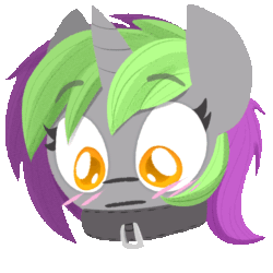 Size: 600x600 | Tagged: artist needed, safe, derpibooru import, oc, oc only, oc:frenzy nuke, pony, unicorn, animated, blushing, collar, ear flick, horn, i watch it for the ears, simple background, solo, transparent background
