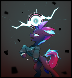 Size: 1398x1518 | Tagged: safe, artist:deafjaeger, derpibooru import, oc, oc only, oc:tempest revenant, pony, unicorn, action pose, attack, bipedal, clothes, gradient background, hoodie, horn, looking at something, magic, open mouth, outfit, particles, solo, spell, standing, suit
