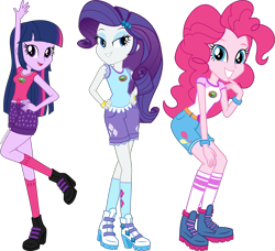 Size: 3657x3329 | Tagged: artist needed, source needed, safe, derpibooru import, pinkie pie, rarity, twilight sparkle, equestria girls, g4, camp everfree outfits, simple background, transparent background