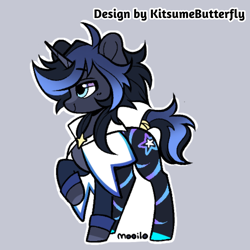 Size: 1000x1000 | Tagged: safe, artist:tresmariasarts, derpibooru import, oc, oc only, oc:onyx star, bat pony, hybrid, pony, unicorn, bat eyes, bat pony oc, bat pony unicorn, cloak, clothes, colored hooves, colorful, fangs, gradient mane, gradient tail, gray background, heterochromia, horn, hybrid oc, leg stripes, male, simple background, smiling, solo, stallion, stars, stripes, tail