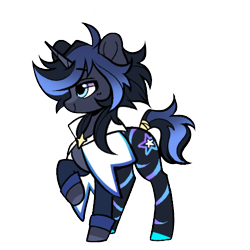Size: 1000x1000 | Tagged: safe, artist:tresmariasarts, derpibooru import, oc, oc only, oc:onyx star, bat pony, hybrid, pony, unicorn, bat eyes, bat pony oc, bat pony unicorn, cloak, clothes, colored hooves, colorful, fangs, gradient mane, gradient tail, heterochromia, horn, hybrid oc, leg stripes, male, simple background, smiling, solo, stallion, stars, stripes, tail, transparent background