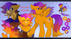 Size: 2700x1500 | Tagged: safe, artist:sinrinf, derpibooru import, oc, oc only, oc:summer sunsets, pegasus, pony, angry, bust, claws, clothes, commission, emotions, feather, female, full body, gears, mare, portrait, reference sheet, smiling, solo, spread wings, sweater, wings, ych result