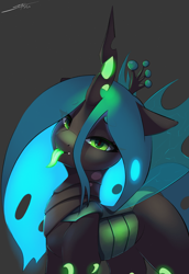 Size: 2000x2900 | Tagged: safe, artist:skitsroom, derpibooru import, queen chrysalis, changeling, changeling queen, g4, bedroom eyes, eye clipping through hair, female, glowing, glowing tongue, gray background, high res, looking at you, simple background, solo, tongue, tongue out