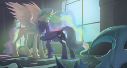 Size: 2611x1411 | Tagged: safe, artist:raylakm, derpibooru import, princess celestia, princess luna, alicorn, pony, friendship is magic, g4, season 1, blue mane, blue tail, butt, castle of the royal pony sisters, commission, crepuscular rays, crown, crying, digital art, dock, duo, duo female, emotional, ethereal mane, ethereal tail, eyes closed, feather, female, folded wings, gem, helmet, hoof shoes, horn, hug, jewelry, looking at each other, looking at someone, mare, peytral, plot, regalia, reunion, royal sisters, s1 luna, sad, scene interpretation, sibling love, siblings, signature, sisterly love, sisters, spread wings, sunlight, sunrise, tail, tears of joy, teary eyes, window, wings
