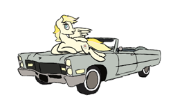 Size: 500x300 | Tagged: artist needed, safe, derpibooru import, oc, oc only, oc:cadillac, pegasus, pony, /ptfg/, cadillac, car, chest fluff, explicit source, lidded eyes, male, on a car, reclining, simple background, solo, stallion, story in the source, white background