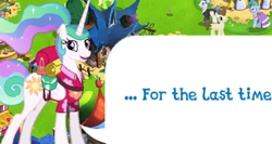 Size: 872x464 | Tagged: safe, derpibooru import, princess celestia, alicorn, pony, g4, bag, bittersweet (g4), clothes, cropped, dialogue, dialogue box, english, female, folded wings, game screencap, gameloft, horn, implied threat, looking at you, mare, meme, mobile game, my little pony: magic princess, open mouth, open smile, ponytail, shirt, smiling, smiling at you, solo, speech bubble, text, threat, threatening, wings, wow! glimmer