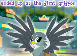 Size: 824x599 | Tagged: safe, derpibooru import, gabby, griffon, g4, cropped, english, female, gameloft, looking at you, meme, mobile game, my little pony: magic princess, solo, spread wings, text, wings, wow! glimmer, wrong