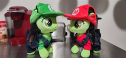 Size: 4000x1848 | Tagged: safe, derpibooru import, oc, oc only, oc:anon filly, earth pony, pony, 4chan, clothes, costume, female, filly, foal, irl, luigi, mario, photo, photography, plushie, super mario bros.