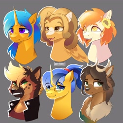 Size: 4096x4096 | Tagged: safe, artist:poxy_boxy, derpibooru import, oc, oc only, oc:thursday, deer, earth pony, pegasus, pony, unicorn, blaze (coat marking), bust, clothes, coat markings, deer oc, eye clipping through hair, eyebrows, eyebrows visible through hair, facial markings, female, flower, flower in hair, glasses, gray background, horn, jacket, male, mare, non-pony oc, signature, simple background, stallion, sunflower, unusual pupils, weekday ponies