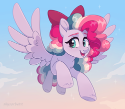Size: 2090x1817 | Tagged: safe, artist:skysorbett, derpibooru import, oc, oc only, oc:sky sorbet, pegasus, pony, bow, cloud, curly hair, curly mane, female, flying, hair bow, looking at you, mare, multicolored hair, multicolored mane, open mouth, sky, smiling, smiling at you, solo, spread wings, wings