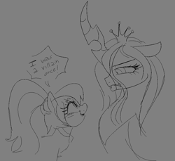 Size: 991x907 | Tagged: safe, artist:nyansockz, derpibooru import, queen chrysalis, sonata dusk, changeling, changeling queen, pony, g4, dialogue, female, frown, happy, looking at each other, looking at someone, mare, open mouth, open smile, ponified, sketch, smiling, species swap, unamused