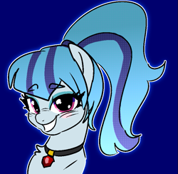 Size: 773x755 | Tagged: safe, artist:nyansockz, derpibooru import, sonata dusk, pony, g4, blue background, choker, eyebrows, eyebrows visible through hair, female, grin, looking at you, mare, ponified, simple background, smiling, smiling at you, solo, species swap