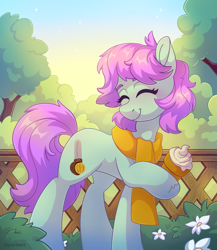 Size: 1817x2090 | Tagged: safe, artist:skysorbett, derpibooru import, oc, oc only, oc:sherbet, earth pony, pony, clothes, eyes closed, female, fence, flower, food, garden, ice cream, mare, scarf, smiling, solo, tree