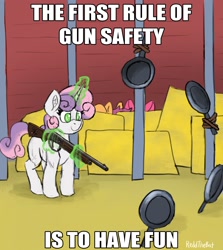 Size: 2195x2465 | Tagged: safe, artist:reddthebat, derpibooru import, apple bloom, scootaloo, sweetie belle, earth pony, pegasus, pony, unicorn, g4, barn, blank flank, cutie mark crusaders, english, female, filly, foal, frying pan, gun, gun safety, hiding, horn, levitation, magic, ponies with guns, rifle, smiling, solo focus, telekinesis, text, this will end in death, this will end in tears, this will end in tears and/or death and/or covered in tree sap, trio, weapon