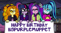 Size: 3960x2180 | Tagged: safe, artist:rdj1995, derpibooru import, adagio dazzle, aria blaze, sci-twi, sonata dusk, twilight sparkle, equestria girls, g4, birthday, birthday wishes, the dazzlings