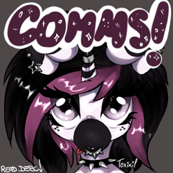 Size: 2048x2048 | Tagged: safe, artist:toxikil, derpibooru import, oc, oc:blitz chord, pony, unicorn, advertisement, choker, commission, commission info, commission open, ear piercing, earring, emo, horn, horn ring, jewelry, makeup, piercing, ring, scene, simple background, solo, spikes, tongue, tongue out, wingding eyes