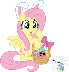 Size: 2907x3011 | Tagged: safe, artist:jaye, derpibooru import, angel bunny, fluttershy, pegasus, pony, rabbit, g4, animal, basket, bow, bunny ears, cute, daaaaaaaaaaaw, duo, easter, easter egg, female, high res, holiday, male, mare, shyabetes, simple background, stock vector, transparent background