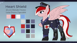 Size: 2700x1500 | Tagged: safe, artist:sinrinf, derpibooru import, oc, oc only, oc:heart shield, pegasus, pony, clothes, commission, female, gradient background, mare, medic, military pony, military uniform, night guard, reference sheet, solo, spread wings, uniform, wings, ych result