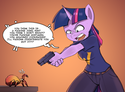 Size: 3225x2355 | Tagged: safe, artist:felixf, derpibooru import, twilight sparkle, anthro, spider, unicorn, arachnophobia, comic, gradient background, gun, handgun, horn, pistol, solo, vulgar, weapon