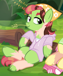 Size: 1060x1284 | Tagged: safe, anonymous artist, artist:anonymous, derpibooru import, fluttershy, tree hugger, earth pony, human, pegasus, pony, g4, /ptfg/, bandana, blank flank, brown hair, bush, clothes, drawstrings, duo, duo female, eye color change, female, hoodie, human to pony, lidded eyes, light skin, log, mare, mid-transformation, offscreen character, outdoors, reclining, shirt, shoes, show accurate, sneakers, solo focus, species swap, straw in mouth, transformation