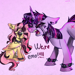 Size: 2000x2000 | Tagged: safe, artist:k0potb, derpibooru import, fluttershy, twilight sparkle, unicorn twilight, pegasus, pony, unicorn, duo, duo female, emo, eyes closed, female, horn, mare, meme, open mouth, sitting, we're emo