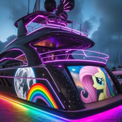Size: 1024x1024 | Tagged: safe, ai content, derpibooru import, generator:dall-e 3, machine learning generated, fluttershy, pegasus, moon, neon, photo, prompter needed, rainbow, sunset, yacht