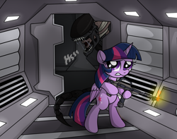 Size: 4134x3251 | Tagged: safe, artist:background basset, derpibooru import, twilight sparkle, twilight sparkle (alicorn), alicorn, alien, pony, alien (franchise), bipedal, crossover, flamethrower, gun, onomatopoeia, solo, weapon, worried, xenomorph