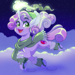 Size: 1280x1280 | Tagged: safe, artist:carouselunique, derpibooru import, sweetie belle, unicorn, g4, clothes, hat, horn, magic, night, shoes, snow, solo, telekinesis, winter hat