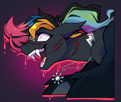 Size: 1954x1649 | Tagged: safe, artist:breloomsgarden, derpibooru import, oc, oc only, oc:nacht, bat pony, fanfic:iron hearts, amulet, bat pony oc, bust, chaos star, dyed mane, fangs, female, injured, insanity, jewelry, portrait, scratches, solo