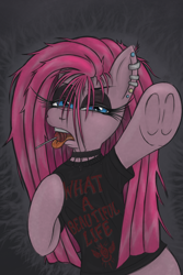 Size: 1000x1500 | Tagged: safe, artist:fascismnotincluded, derpibooru import, pinkie pie, pony, candy, clothes, ear piercing, earring, food, jewelry, lollipop, piercing, pinkamena diane pie, shirt, solo, underhoof