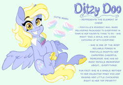 Size: 1280x886 | Tagged: safe, artist:carouselunique, derpibooru import, derpy hooves, pegasus, pony, unicorn, g4, alternate cutie mark, alternate design, alternate hairstyle, alternate universe, blue background, character swap, colored hooves, female, fetlock tuft, horn, mare, reference sheet, side stars au, simple background, smiling, solo, text, unshorn fetlocks