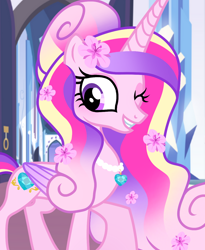 Size: 1080x1318 | Tagged: safe, artist:cstrawberrymilk, derpibooru import, princess cadance, alicorn, pony, g4, alternate design, concave belly, ethereal mane, female, flower, flower in hair, grin, jewelry, long mane, mare, necklace, one eye closed, pearl necklace, raised hoof, raised leg, slender, smiling, solo, thin, wink