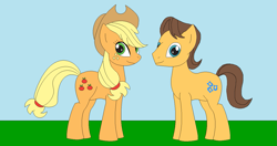 Size: 1311x694 | Tagged: safe, artist:marybethemberjoy49-1, derpibooru import, applejack, caramel, earth pony, g4, applejack's hat, carajack, clothes, cowboy hat, female, hat, male, shipping, straight