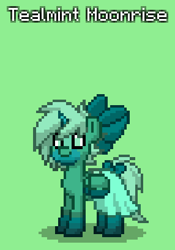 Size: 286x409 | Tagged: safe, artist:mlpfantealmintmoonrise, derpibooru import, oc, oc:tealmint moonrise marine, pony, g4, bag, bow, clothes, dress, facial markings, female, gradient hooves, gradient horn, hair bow, horn, mare, pixel art, pony town, saddle bag, shadow, short mane, tail, tail bow