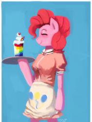 Size: 818x1080 | Tagged: safe, artist:idlyabetteliina, derpibooru import, pinkie pie, earth pony, pony, semi-anthro, g4, apron, bipedal, clothes, drink, female, food, mare, smiling, solo, waitress, whipped cream