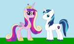 Size: 1354x799 | Tagged: safe, artist:marybethemberjoy49-1, derpibooru import, princess cadance, shining armor, alicorn, unicorn, g4, concave belly, crown, female, height difference, hoof shoes, horn, jewelry, male, peytral, physique difference, princess shoes, regalia, shiningcadance, shipping, slender, straight, thin