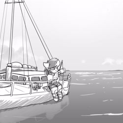 Size: 3000x3000 | Tagged: safe, artist:captainhoers, derpibooru import, oc, oc only, pony, unicorn, boat, diving suit, dressing, ears, floppy ears, grayscale, high res, horn, monochrome, ocean, sitting, solo, water