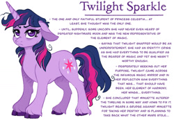 Size: 1280x886 | Tagged: safe, artist:carouselunique, derpibooru import, twilight sparkle, pony, unicorn, g4, alternate cutie mark, alternate design, alternate hairstyle, alternate universe, character swap, cloven hooves, colored hooves, female, fetlock tuft, horn, mare, reference sheet, side stars au, simple background, smiling, solo, text, trotting, unshorn fetlocks